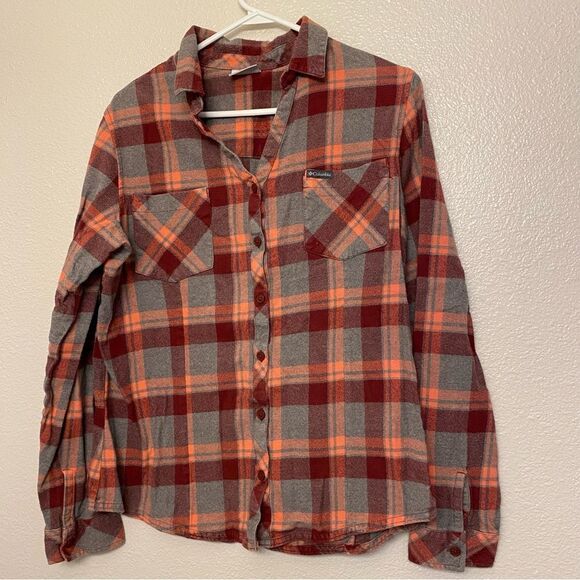 COLUMBIA woman’s long sleeve Button up Cotton plaid red gray flannel shirt M/L - Picture 1 of 7